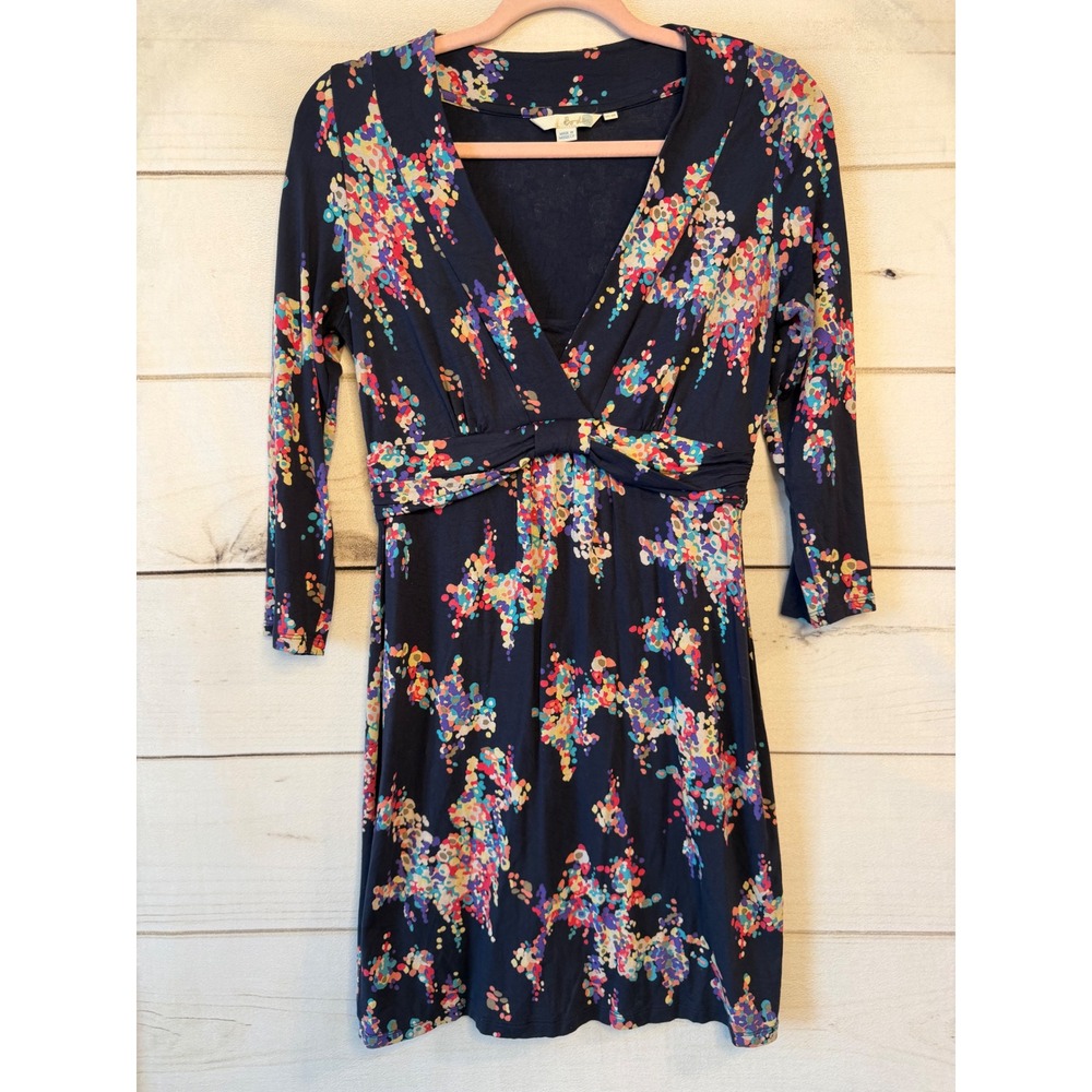 Boden Navy Blue Confetti Dot Floral V-Neck Empire Waist Jersey Dress US 6R WL738